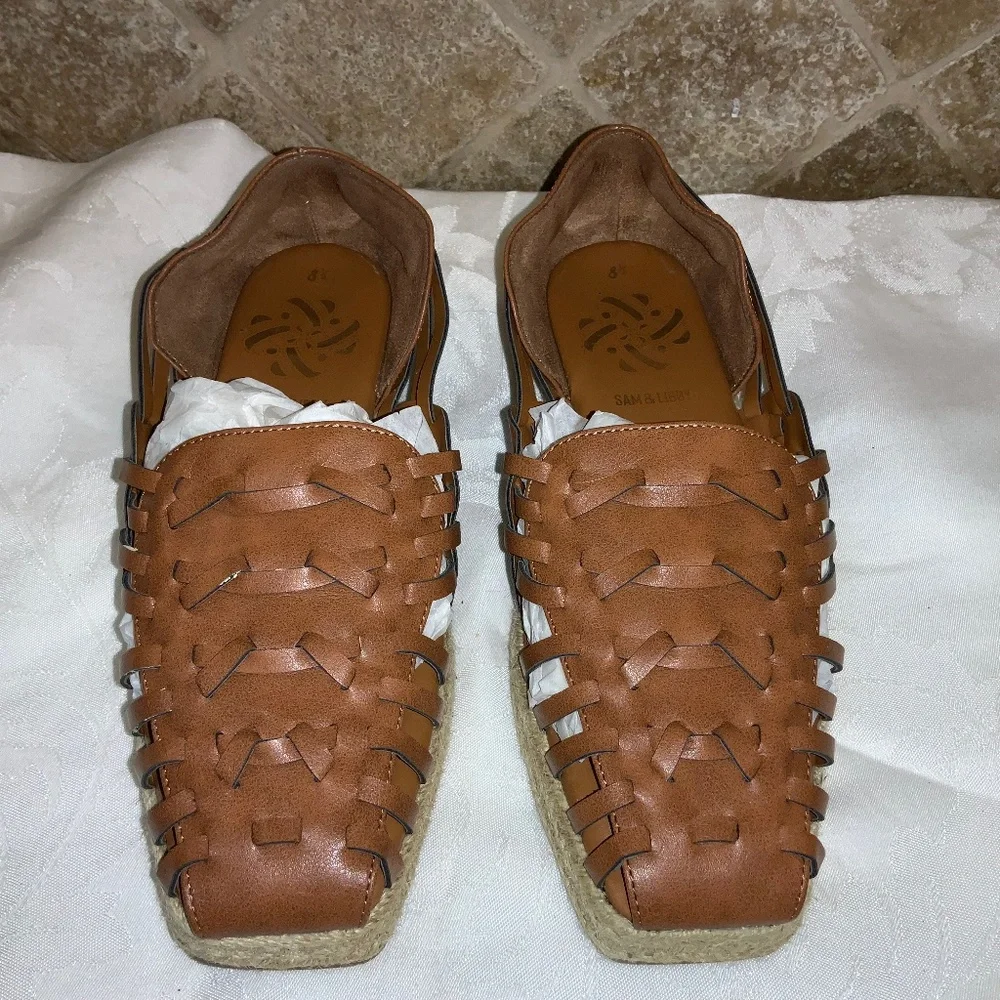 Sam & Libby Asha Espadrilles Sz 8.5 Saddle Brown vegan Leather Slip On Sandals